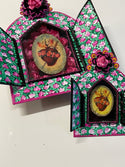 Rose & Flaming Heart Retablo with 2 doors - Large - 8 inches tall