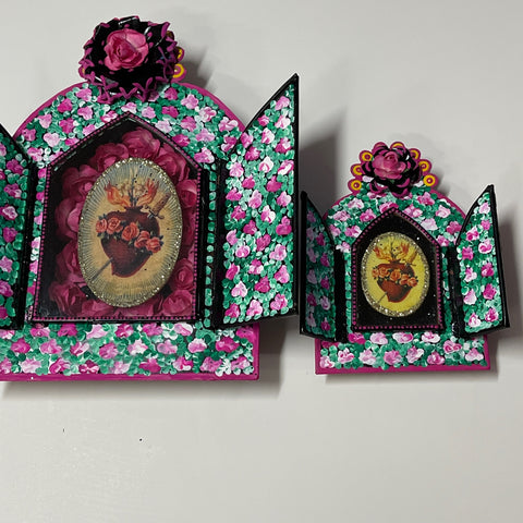 Rose & Flaming Heart Retablo with 2 doors - Large - 8 inches tall - 0