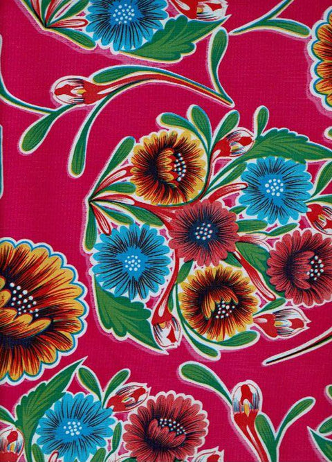 Round Oilcloth Tablecloth – Floral on Magenta - yellow trim