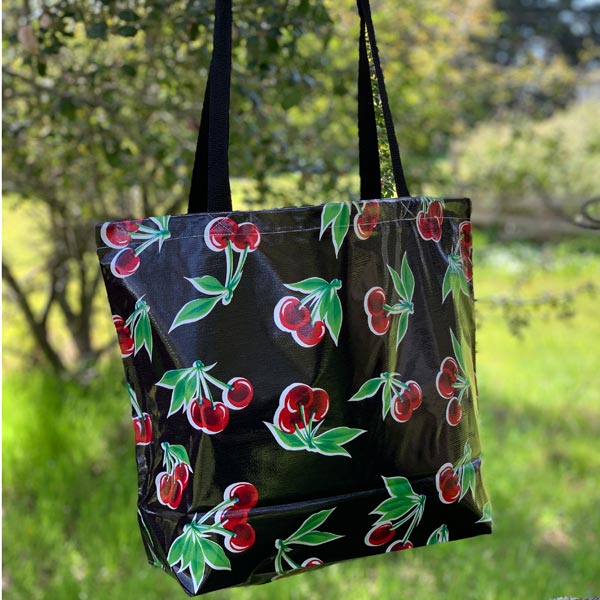 Mexican Oilcloth Market Bag – Cherries on Black