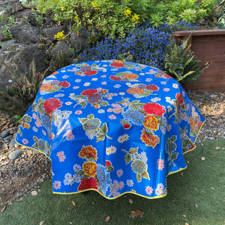 Round Oilcloth Tablecloth - Mum Blue