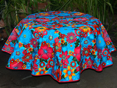 Round Oilcloth Tablecloth – Flower Fields on Light Blue