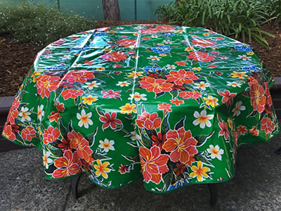 Round Oilcloth Tablecloth – Hibiscus on Green