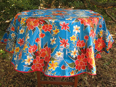Round Oilcloth Tablecloth – Hibiscus on Royal Blue