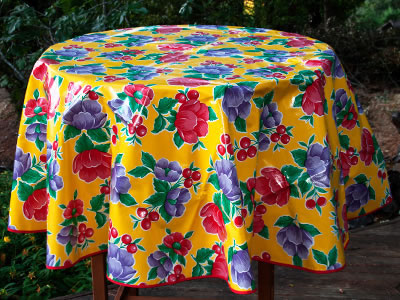 Round Oilcloth Tablecloth – Poppy on Yellow