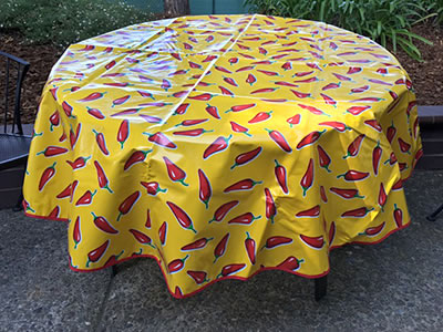 Round Oilcloth Tablecloth – Red Chile Peppers on Yellow