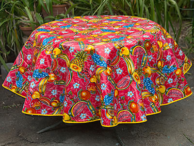 Round Oilcloth Tablecloth – Tropic on Red