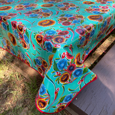Rectangle 86" Long Table Oilcloth - Floral Aqua - Red Trim - 0