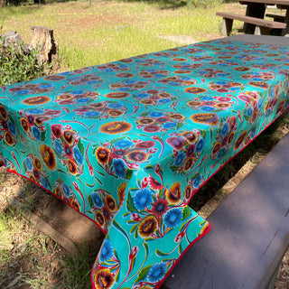 Rectangle 86" Long Table Oilcloth - Floral Aqua - Red Trim