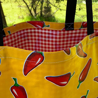 Mexican Oilcloth Market Bag – Red Chile Peppers on Yellow