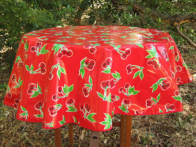 Round Oilcloth Tablecloth – Cherries on Red