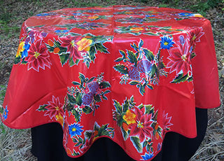 Round Oilcloth Tablecloth – Poinsettia in Red