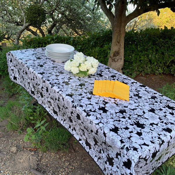 Rectangle 86" Long Oilcloth Tablecloth – Wildflowers in Black & White - Black trim