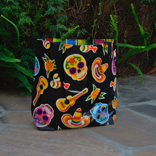 TOTE Reversible Oilcloth Market Bag - Sugar Skull Black/Serape Stripe