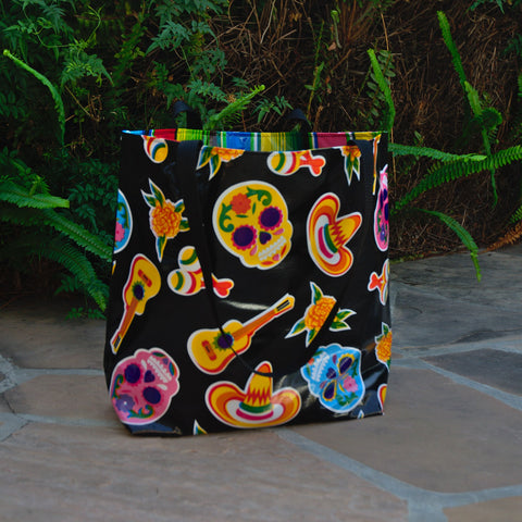 TOTE Reversible Oilcloth Market Bag - Sugar Skull Black/Serape Stripe - 0