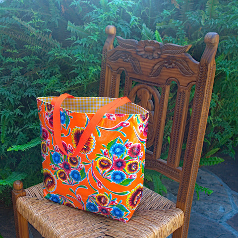 Oilcloth Tote - Floral Orange-With Yellow Gingham - 0