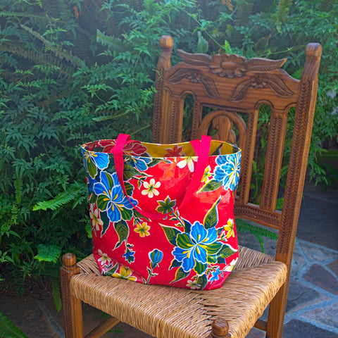 TOTE Reversible Oilcloth Market Bag - Hibiscus Red / Hibiscus Yellow