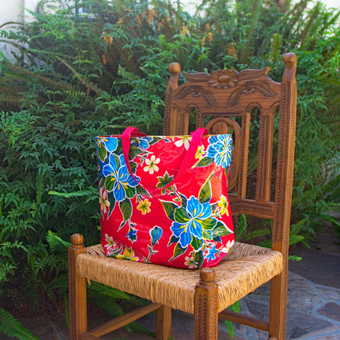 TOTE Reversible Oilcloth Market Bag - Hibiscus Red / Hibiscus Yellow - 0