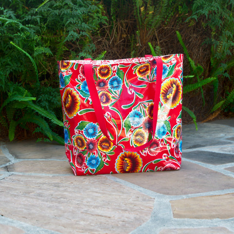 Reversible Oilcloth Market Bag - Floral Red/Paradise Red & White - 0