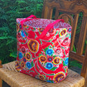 Reversible Oilcloth Market Bag - Floral Red/Paradise Red & White