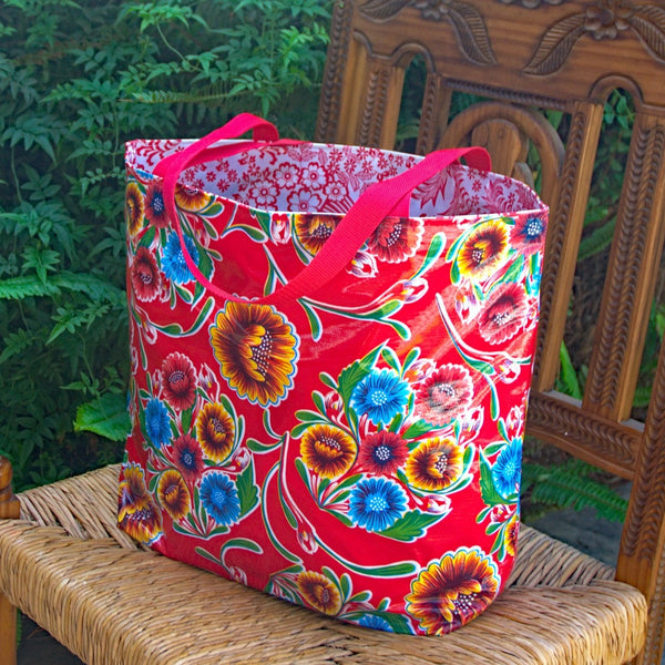 Reversible Oilcloth Market Bag - Floral Red/Paradise Red & White