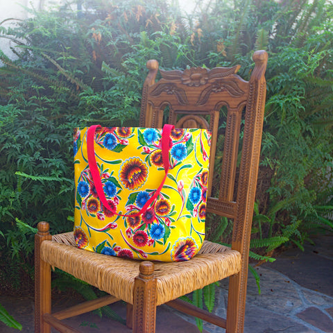 TOTE Reversible Oilcloth Market Bag - Floral Yellow/Floral Orange inside / - 0