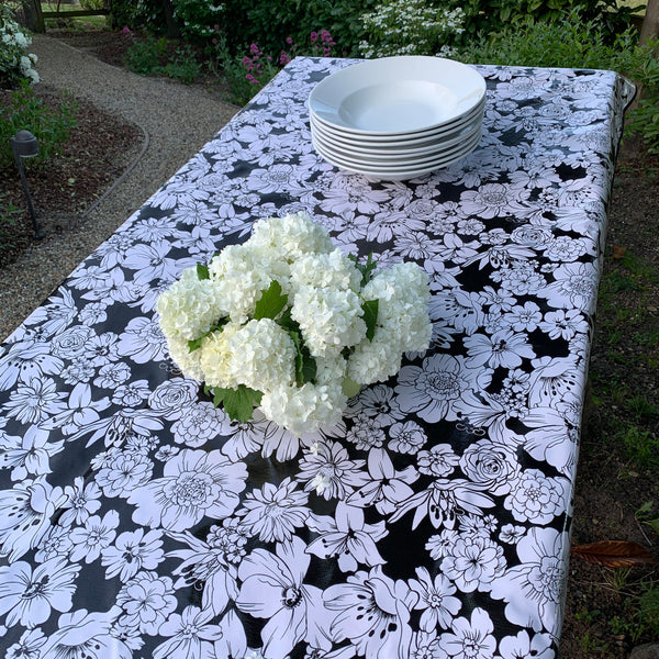 Rectangle 86" Long Oilcloth Tablecloth – Wildflowers in Black & White - Black trim